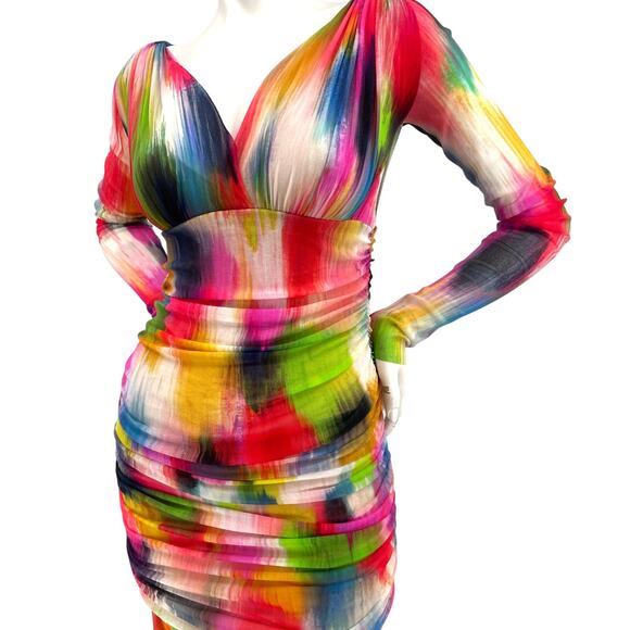 Fuzzi Womens Bodycon Multi Form Fitting Dress Long Sleeve Made in Italy NWT Lrg - Picture 2 of 14